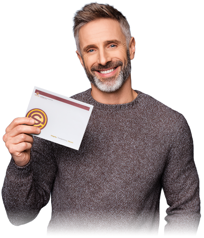 Customer holding an envelope.